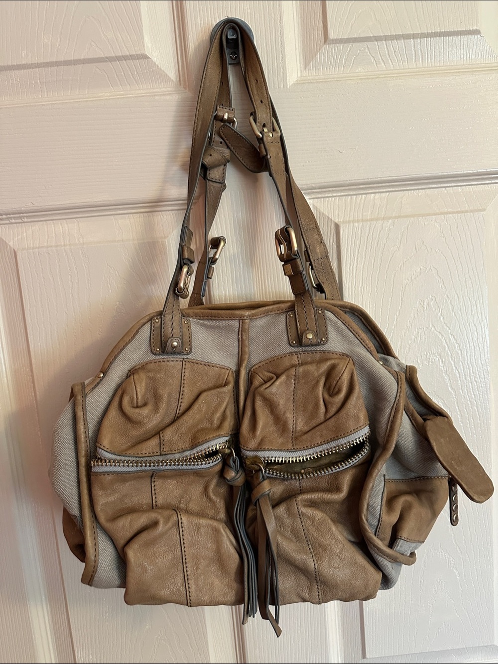 Women's Taupe Canvas & Leather Shoulder Bag with Front Zips
